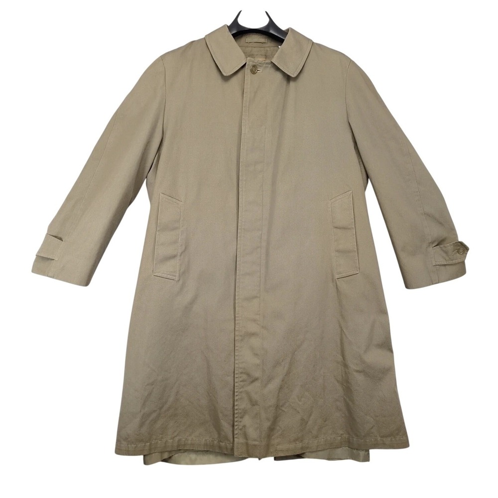 Vintage 80s London Towne Fog Beige Twill Overcoat Mens 42S Plush Zip Lining Coat